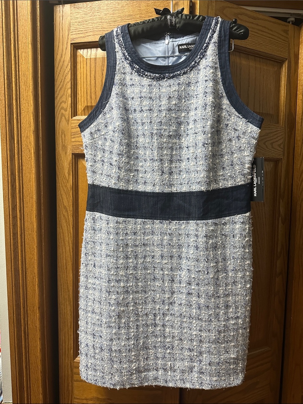 Karl Lagerfeld Light Blue Tweed Mini with Navy Waistband
